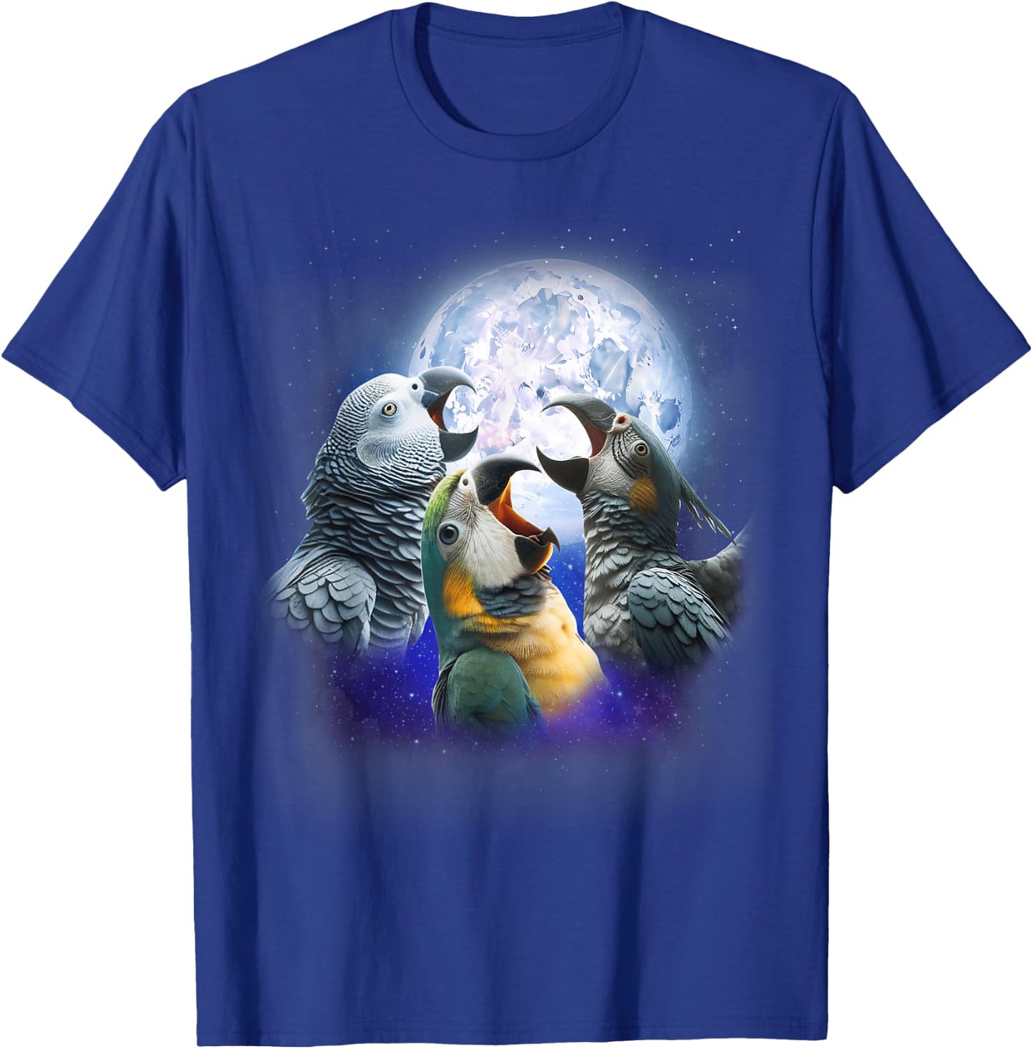 3 Parrots Howling At The Moon Funny African Grey Parrot Bird T-Shirt - T-Shirt | Royal