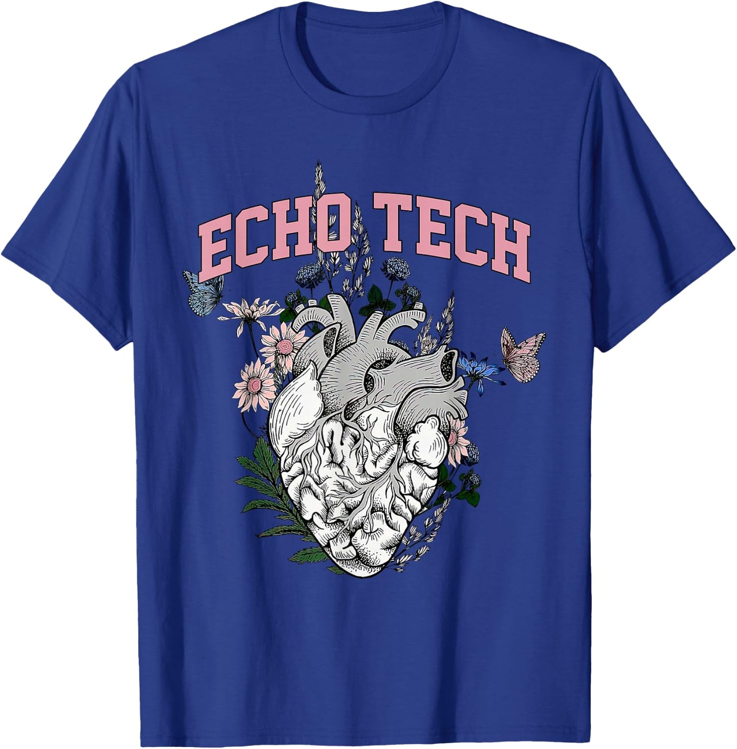 Anatomical Heart Floral Echo Tech Cardiac Sonographer T-Shirt - T-Shirt | Royal