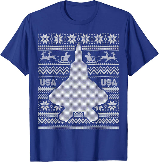 F 22 Raptor Ugly Christmas Sweater Style T-Shirt - T-Shirt | Royal