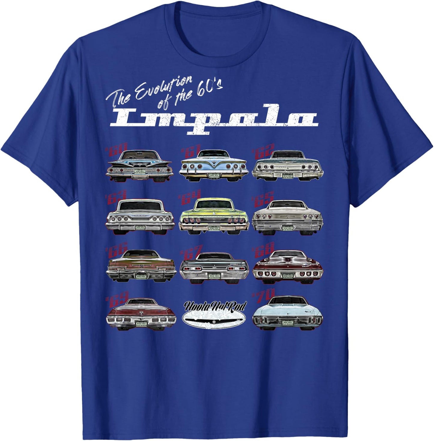 Evolution of the 60s Impala 1960 Hot Rod Muscle Car mashup T-Shirt - T-Shirt | Royal