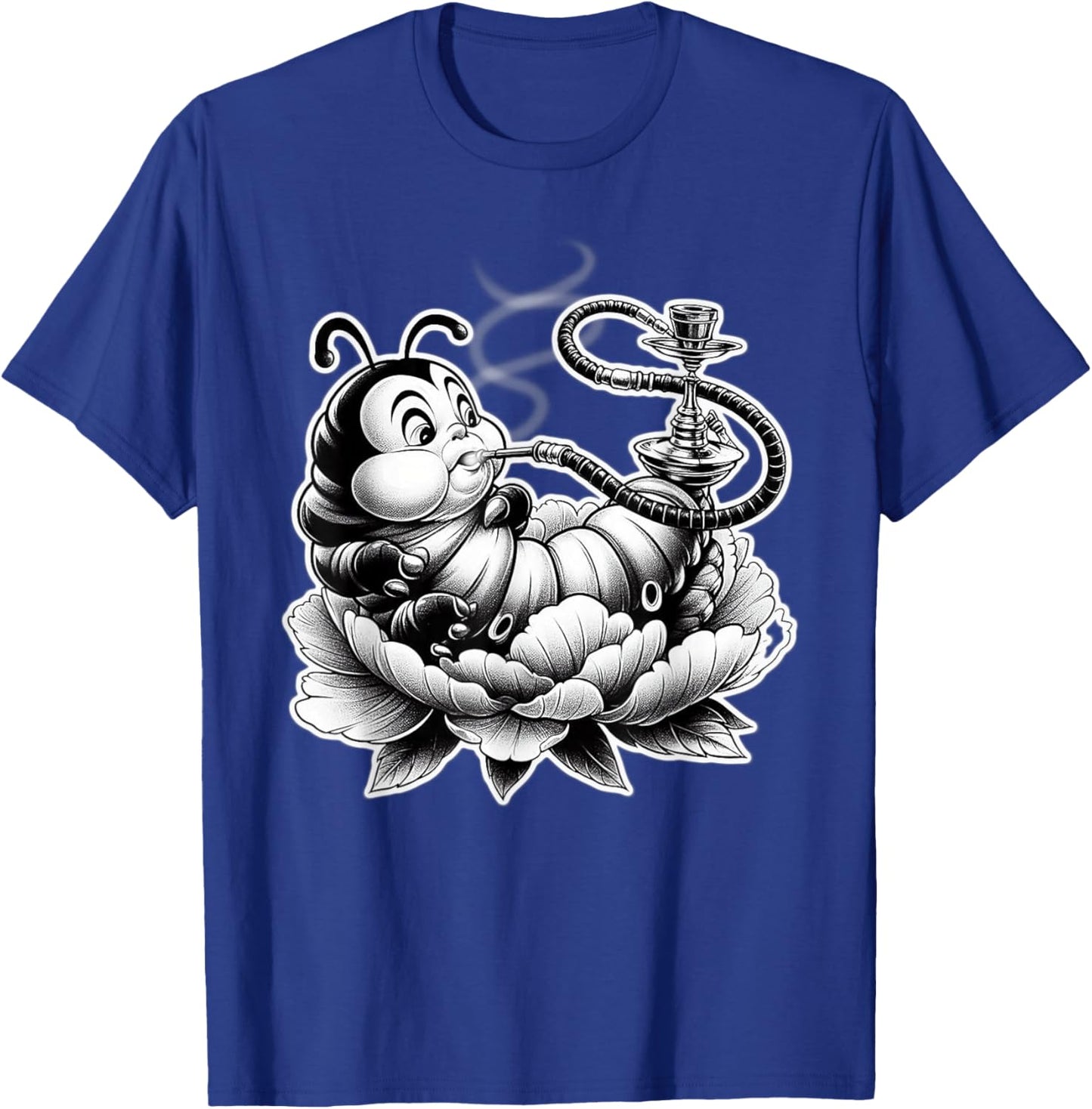 Caterpillar Smoking Hookah on Flower Blackwork T-Shirt - T-Shirt | Royal