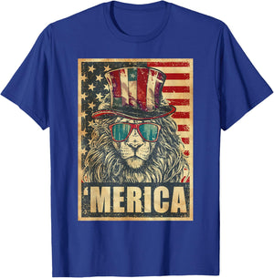Lion Merica Vintage American Flag 4th Of July T-Shirt - T-Shirt | Royal