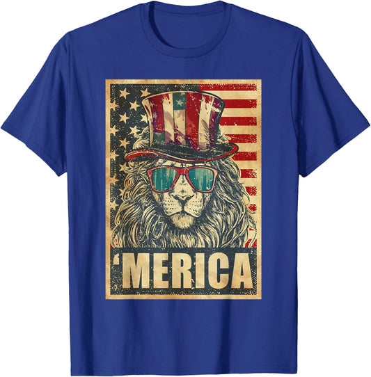 Lion Merica Vintage American Flag 4th Of July T-Shirt - T-Shirt | Royal