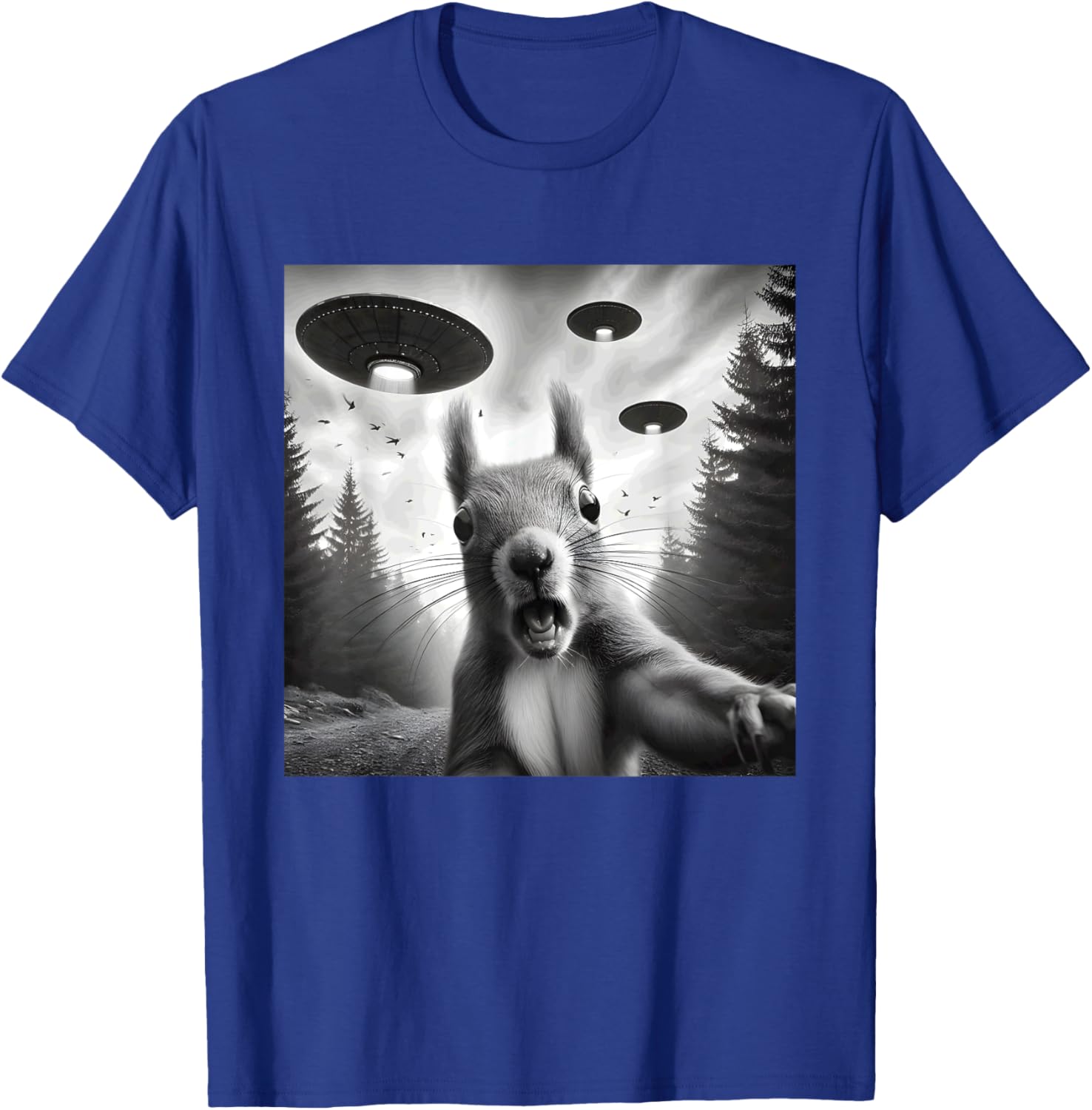 Squirrel Sci-Fi Funny Graphic Selfie with UFOs Weird Aliens T-Shirt - T-Shirt | Royal