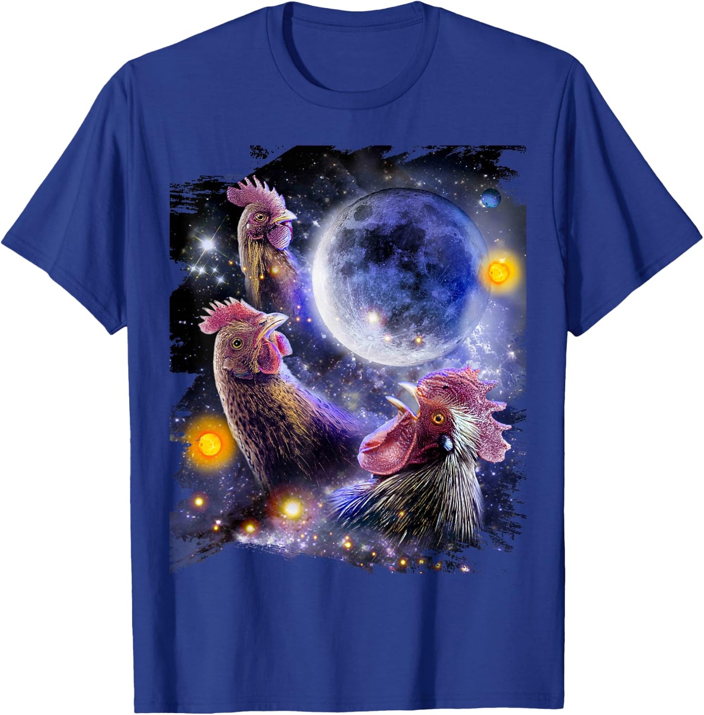 3 Three Chicken Moon, Cosmic Wolf Chickens Howling T-Shirt - T-Shirt | Royal