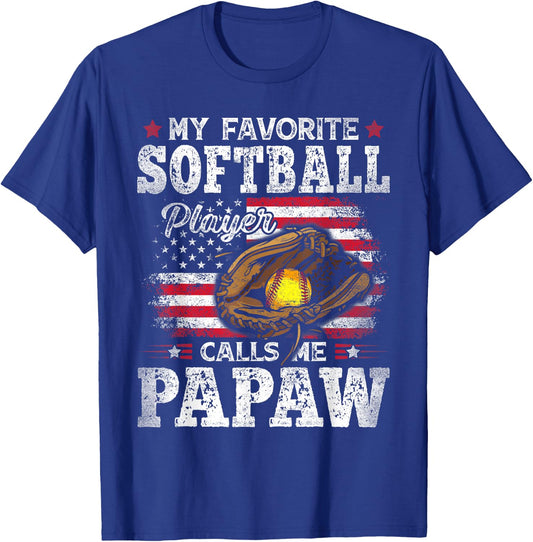 My Favorite Softball Player Calls Me Papaw American Flag T-Shirt - T-Shirt | Royal