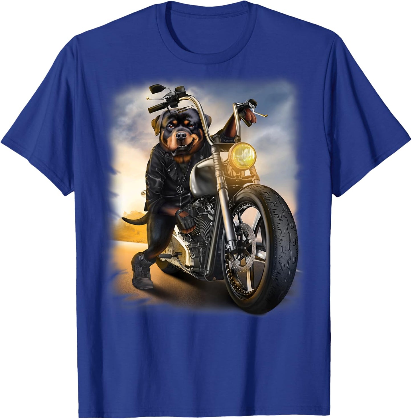 Rottweiler Dog Biker Riding Motorcycle at Sunset T-Shirt - T-Shirt | Royal