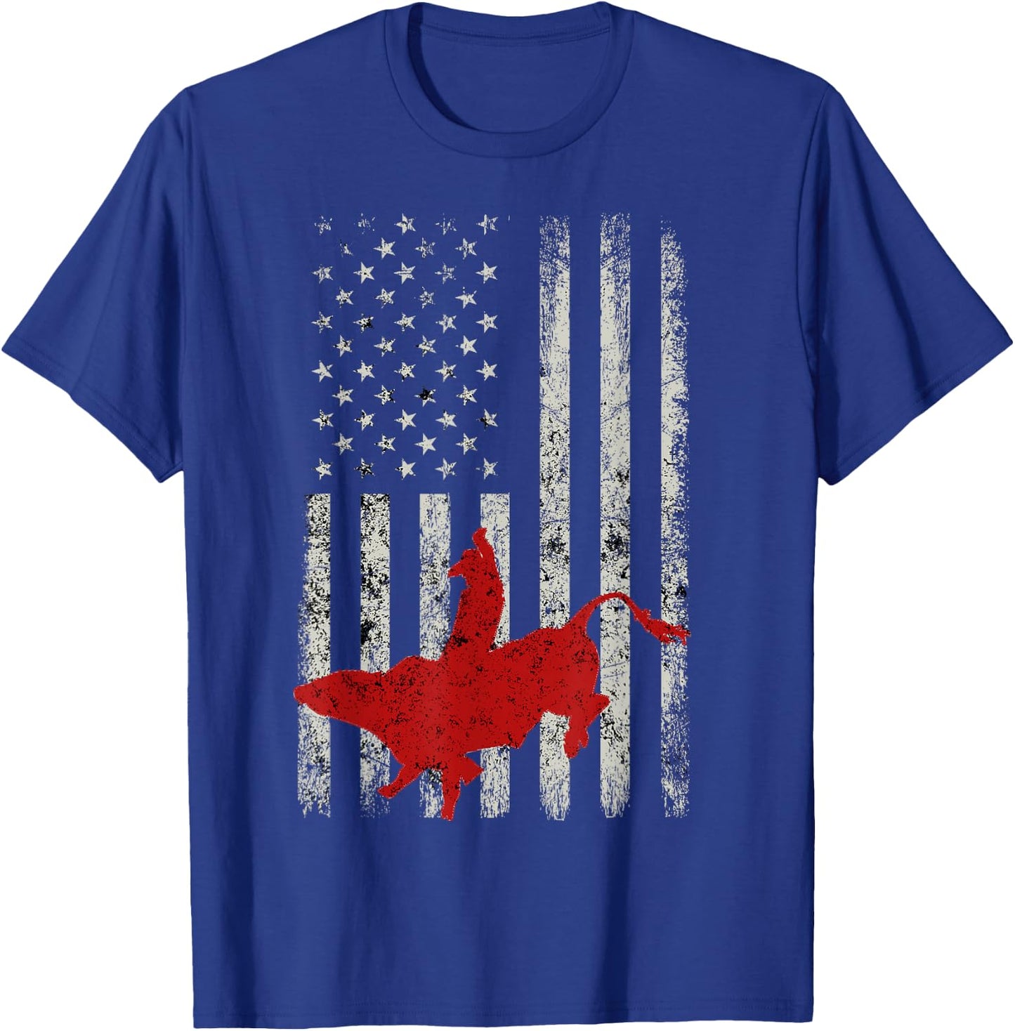 American Flag Bull Riding Cowboy Gift Rodeo T-Shirt - T-Shirt | Royal