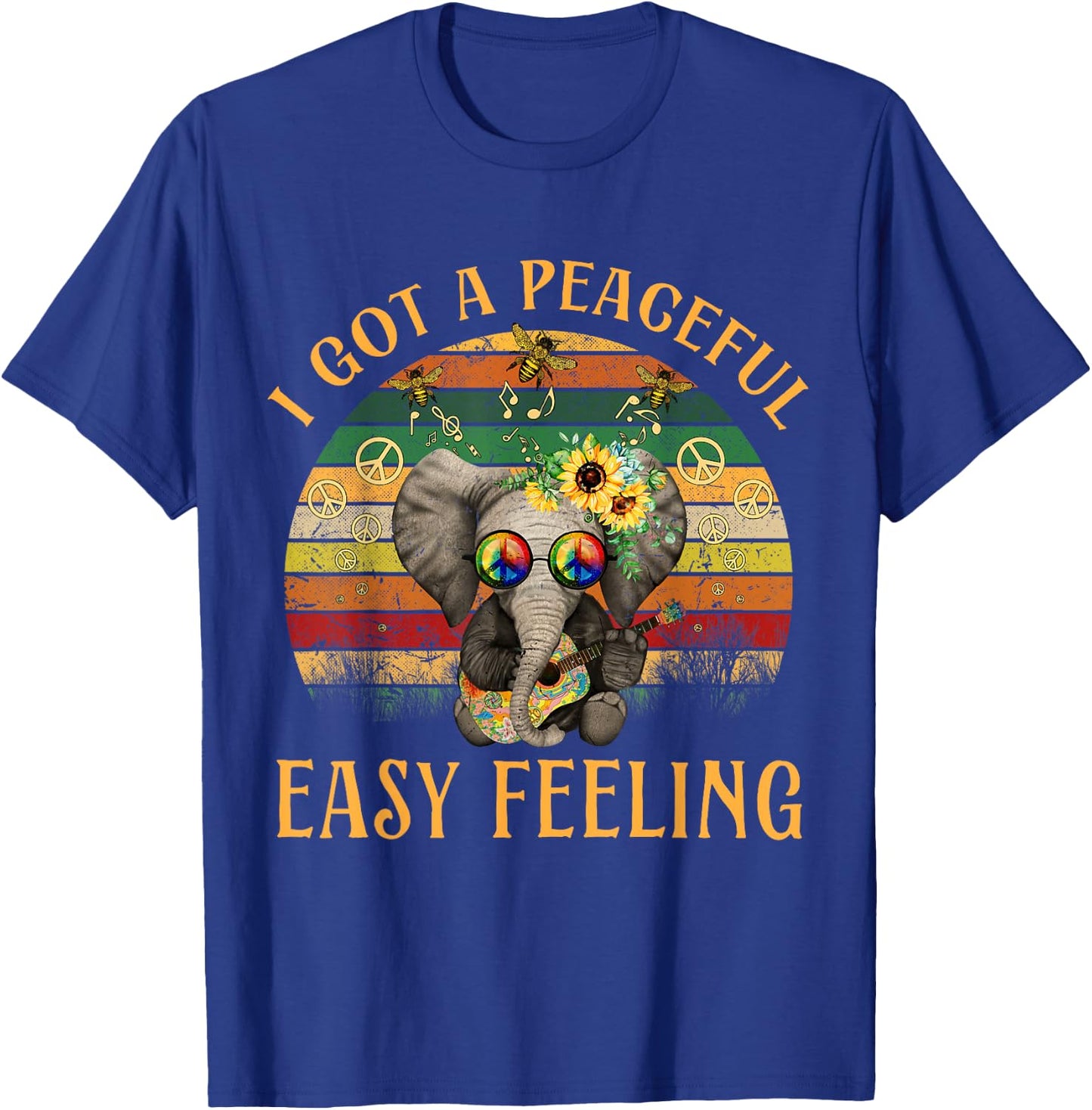 Hippie Peace I Got A Easy Peaceful Feeling Elephant Guitar T-Shirt - T-Shirt | Royal
