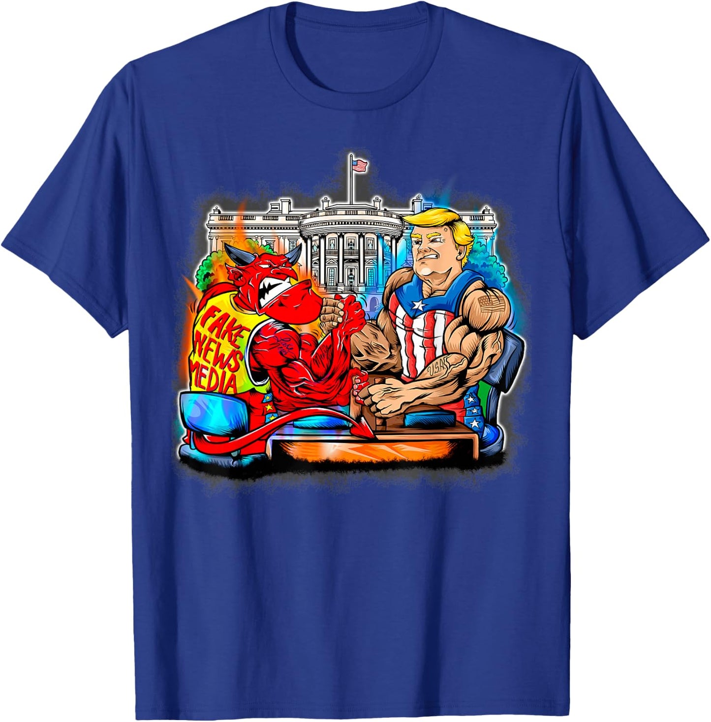 Donald Trump Arm Wrestling Satan Fake News Media Gift T-Shirt - T-Shirt | Royal