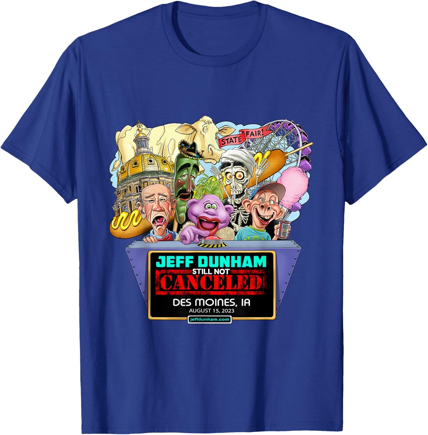 Jeff Dunham Des Moines, IA (2023) T-Shirt - T-Shirt | Royal