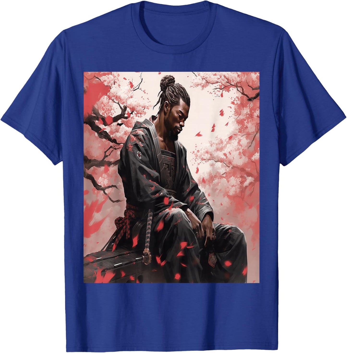 Black Samurai African Yasuke Meditating Under Cherry Blossom T-Shirt - T-Shirt | Royal