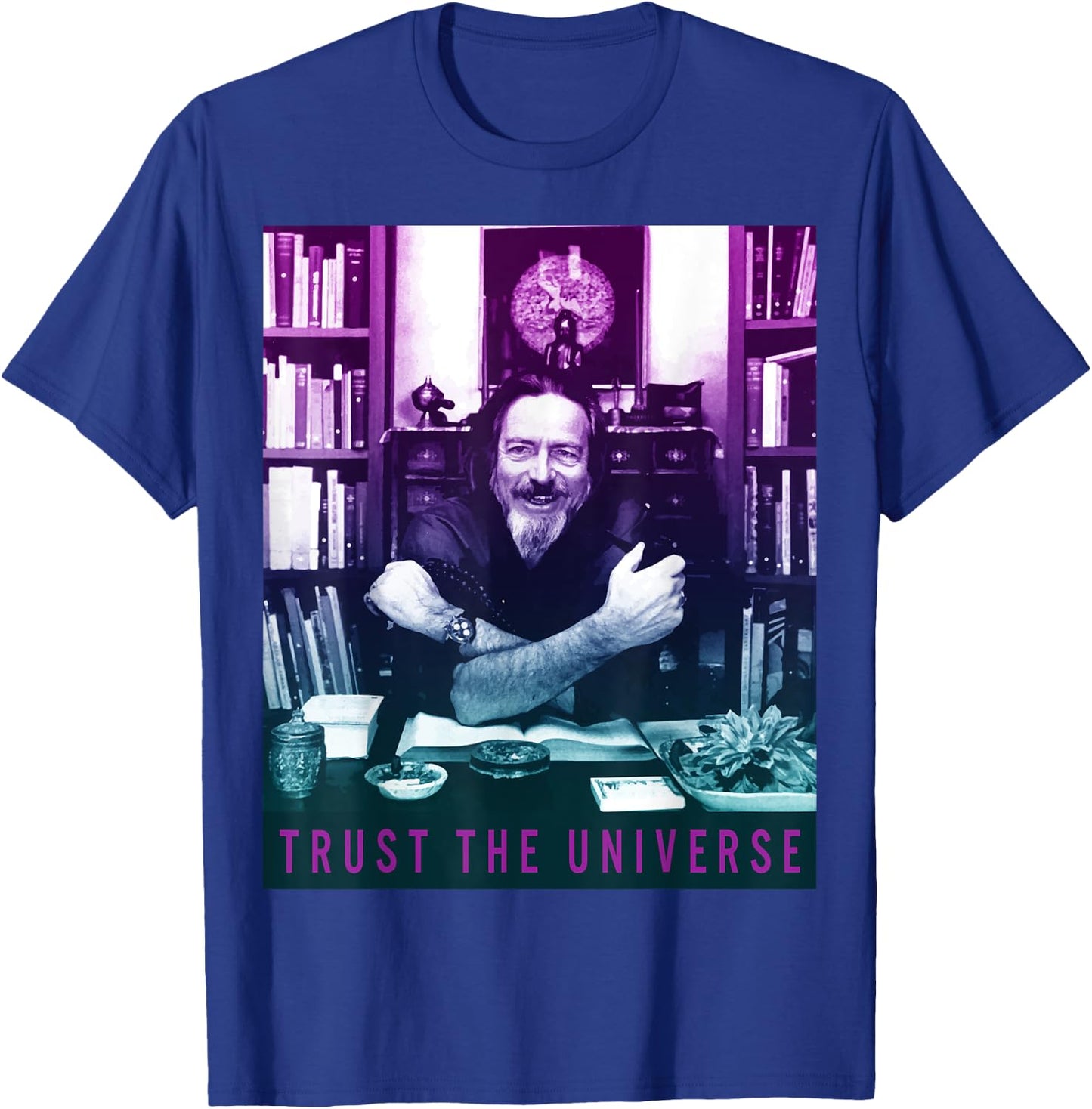 Quotes and Sayings Famous Philosophers Alan Watts Gradient Photo Trust The Universe Adults Men's Casual Yoga Black Small T-Shirt - T-Shirt | Royal