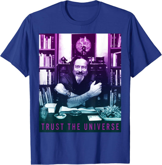 Quotes and Sayings Famous Philosophers Alan Watts Gradient Photo Trust The Universe Adults Men's Casual Yoga Black Small T-Shirt - T-Shirt | Royal