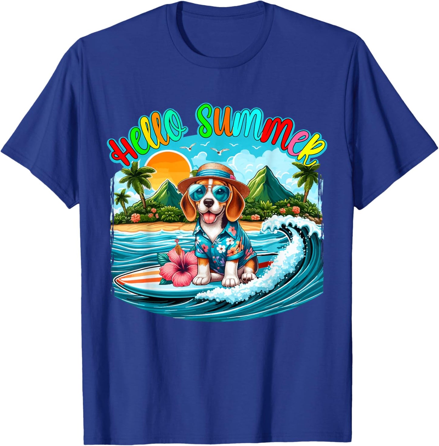 Summer Costume Beagle Sunglasses Surfing On Beach Surfer T-Shirt - T-Shirt | Royal