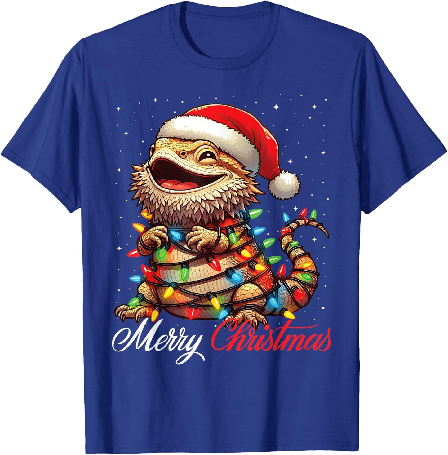 Bearded Dragon Merry Christmas Lights Santa Hat Xmas Snow T-Shirt - T-Shirt | Royal