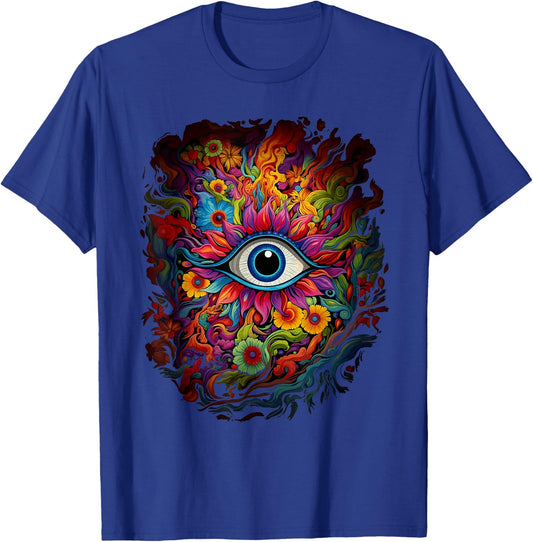 Psychedelic Third Eye Flower | Retro Colorful Floral Hippie T-Shirt - T-Shirt | Royal