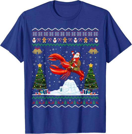 Lobster Ugly Xmas Gift Santa Riding Lobster Christmas T-Shirt - T-Shirt | Royal