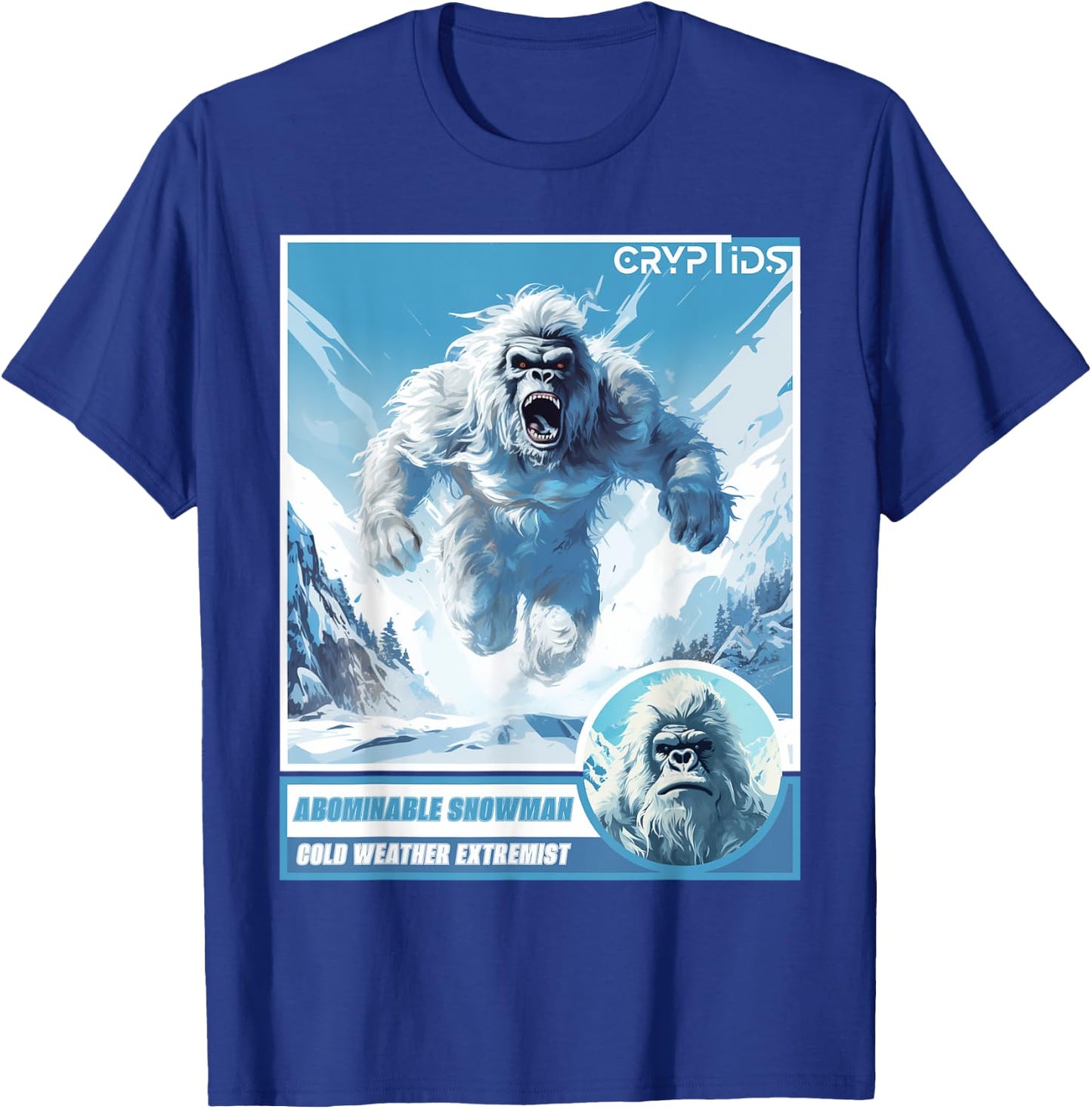 Cryptozoology Cryptid Believer Apparel -Kids, Adults Black Cartoon Abominable Snowman Winter Classic Fit T-Shirt - T-Shirt | Royal