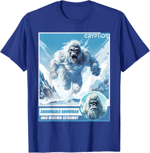 Cryptozoology Cryptid Believer Apparel -Kids, Adults Black Cartoon Abominable Snowman Winter Classic Fit T-Shirt - T-Shirt | Royal