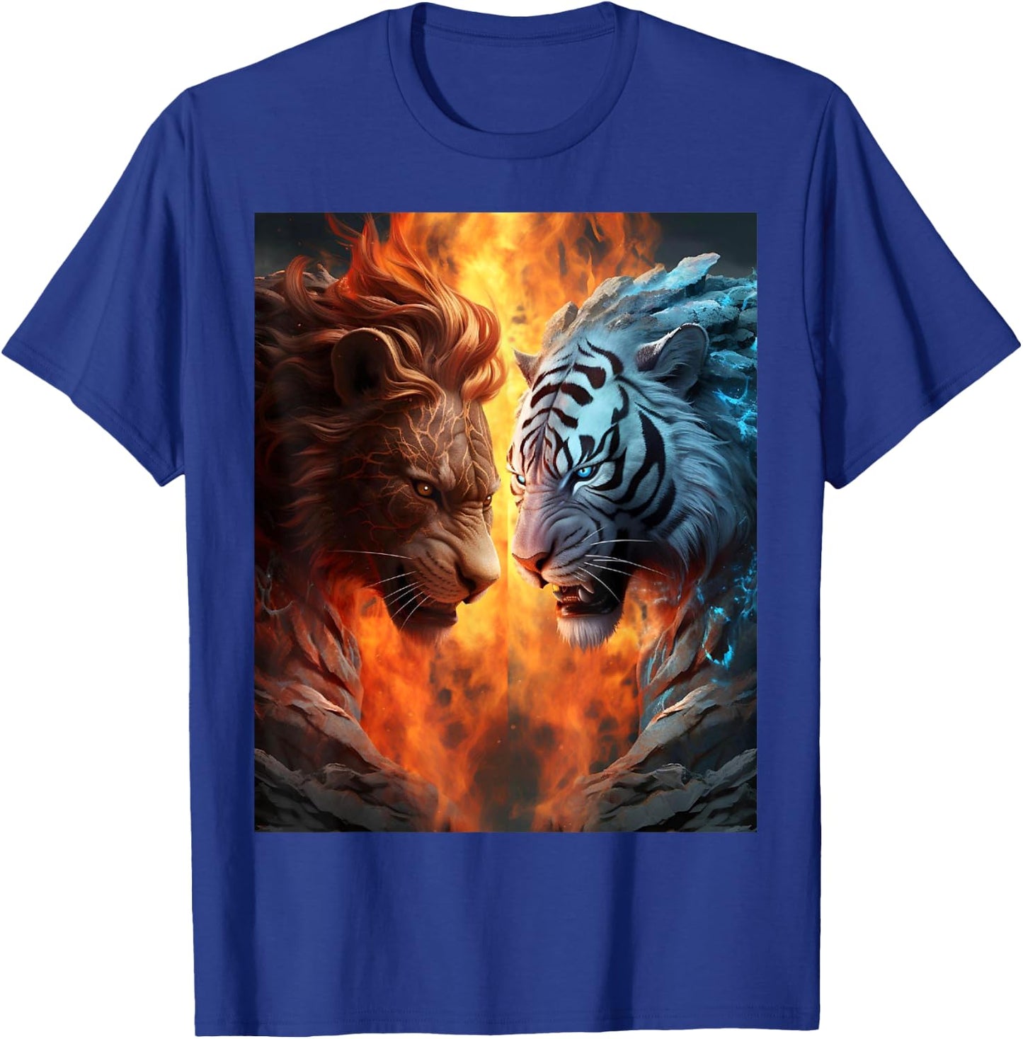 Two Tigers . White and Yellow Tigers, Flames Artwork Nice T-Shirt - T-Shirt | Royal