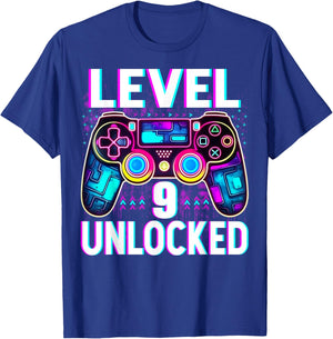 Level 9 Unlocked Shirt Funny Video Gamer Geek 9th Birthday T-Shirt - T-Shirt | Royal