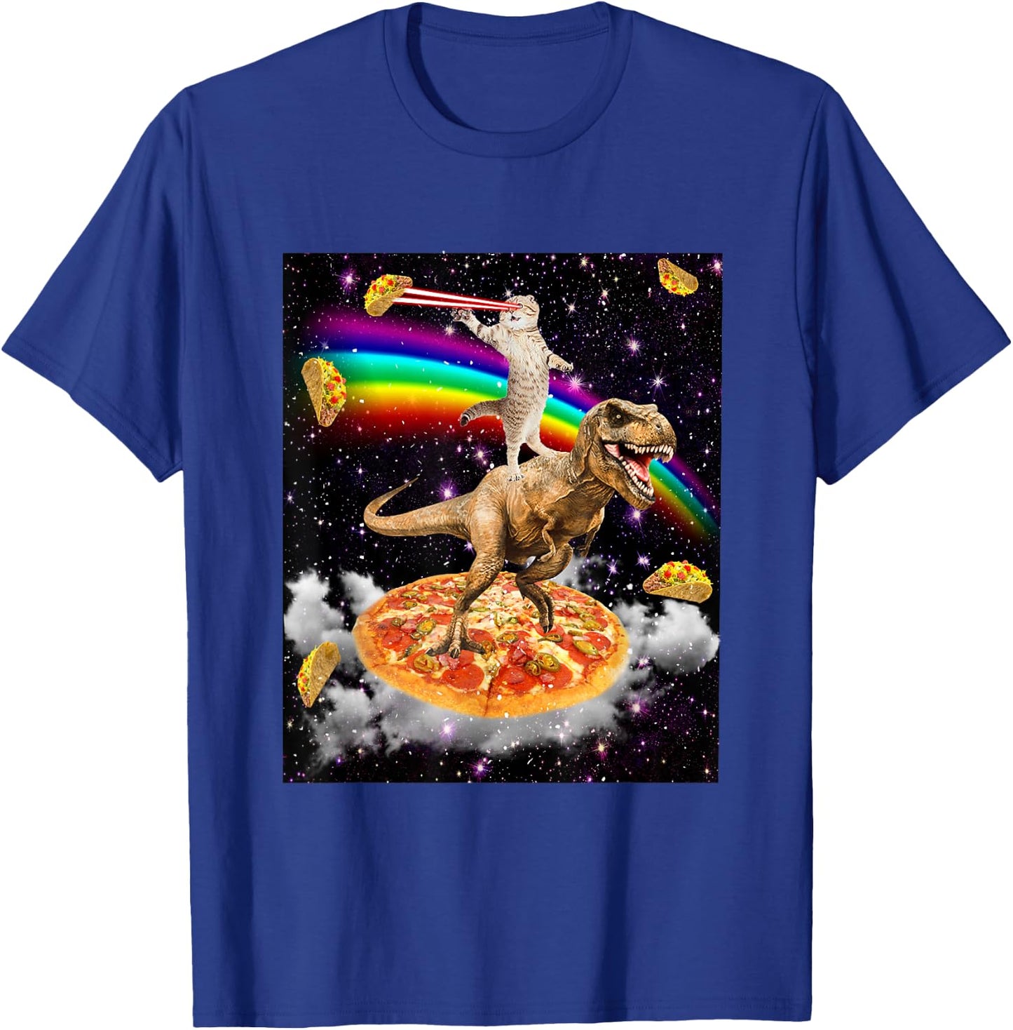 Galaxy Laser Cat on Dinosaur on Pizza with Tacos & Rainbow T-Shirt - T-Shirt | Royal