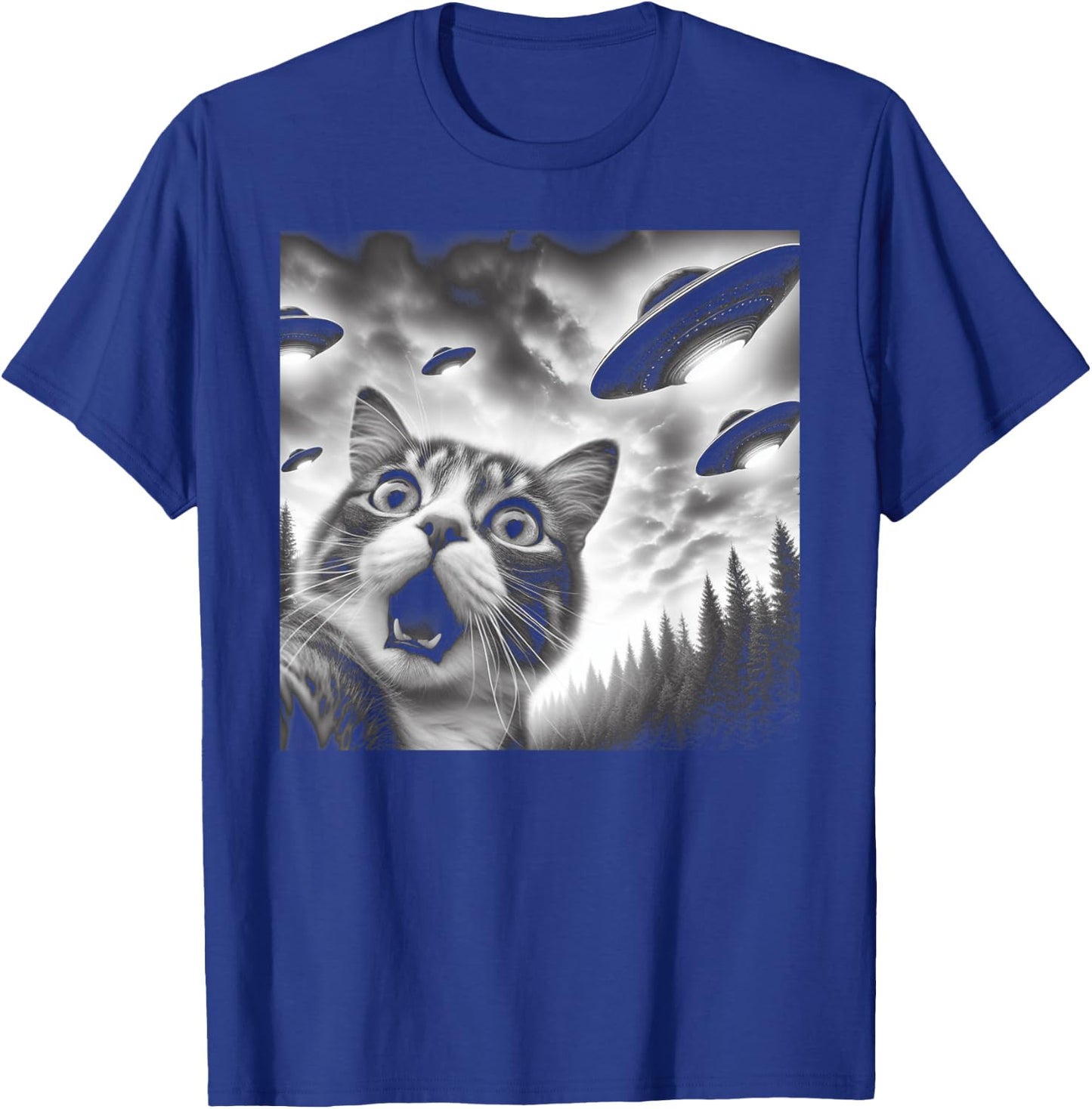 Funny Cat Selfie with UFOs Men Women Kids T-Shirt - T-Shirt | Royal