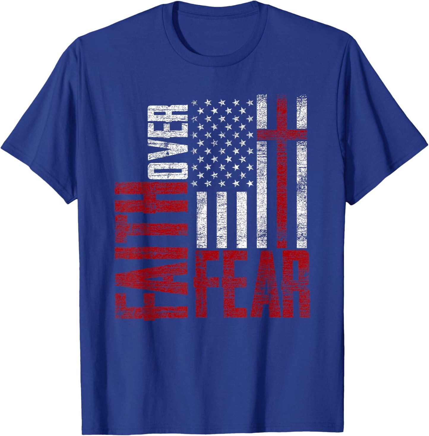 Patriotic Devotee USA Flag Cross Faith Over Fear Jesus T-Shirt - T-Shirt | Royal