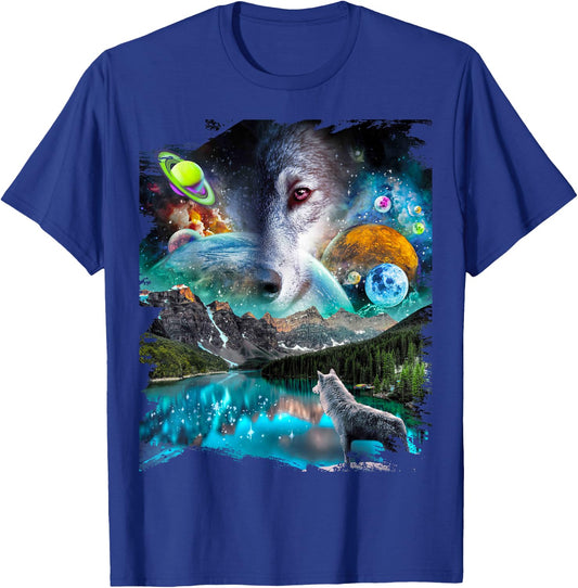Celestial Cosmic Wolf, Space Planets Wolves T-Shirt - T-Shirt | Royal