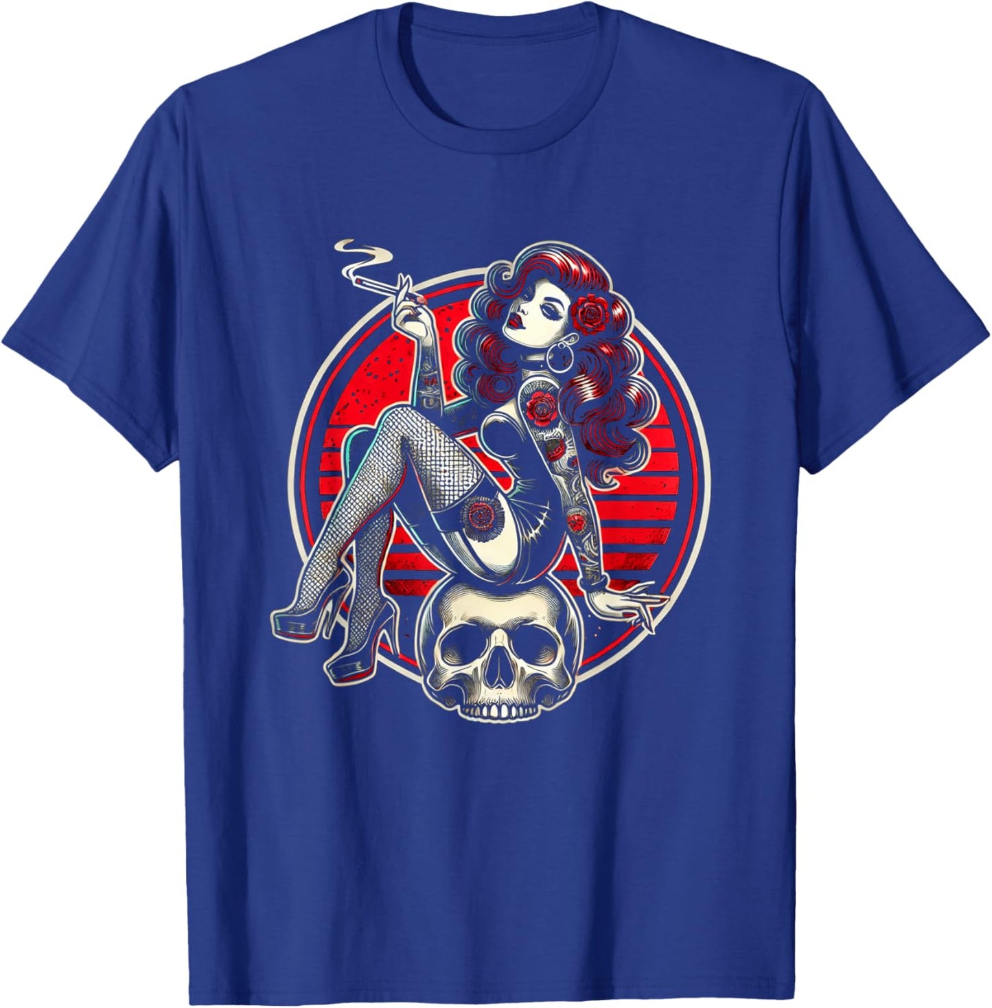 Tattoo Goth Pin-up Girl with Skull Vintage Horror Rockabilly T-Shirt - T-Shirt | Royal
