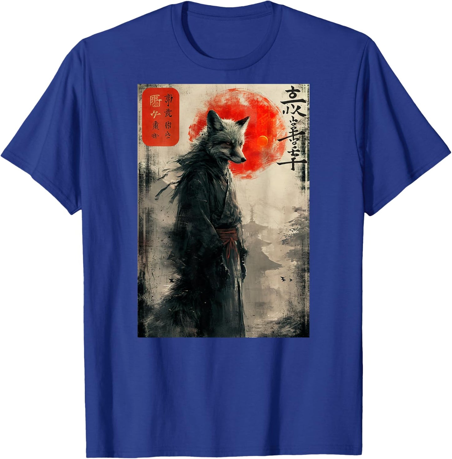 Japanese Woodblock Art of a Samurai Fox with Japanese (Back) T-Shirt - T-Shirt | Royal