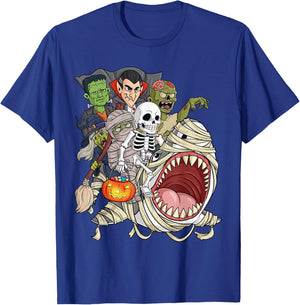 Skeleton Zombie Riding Mummy Shark Funny Halloween Pumpkin T-Shirt - T-Shirt | Royal