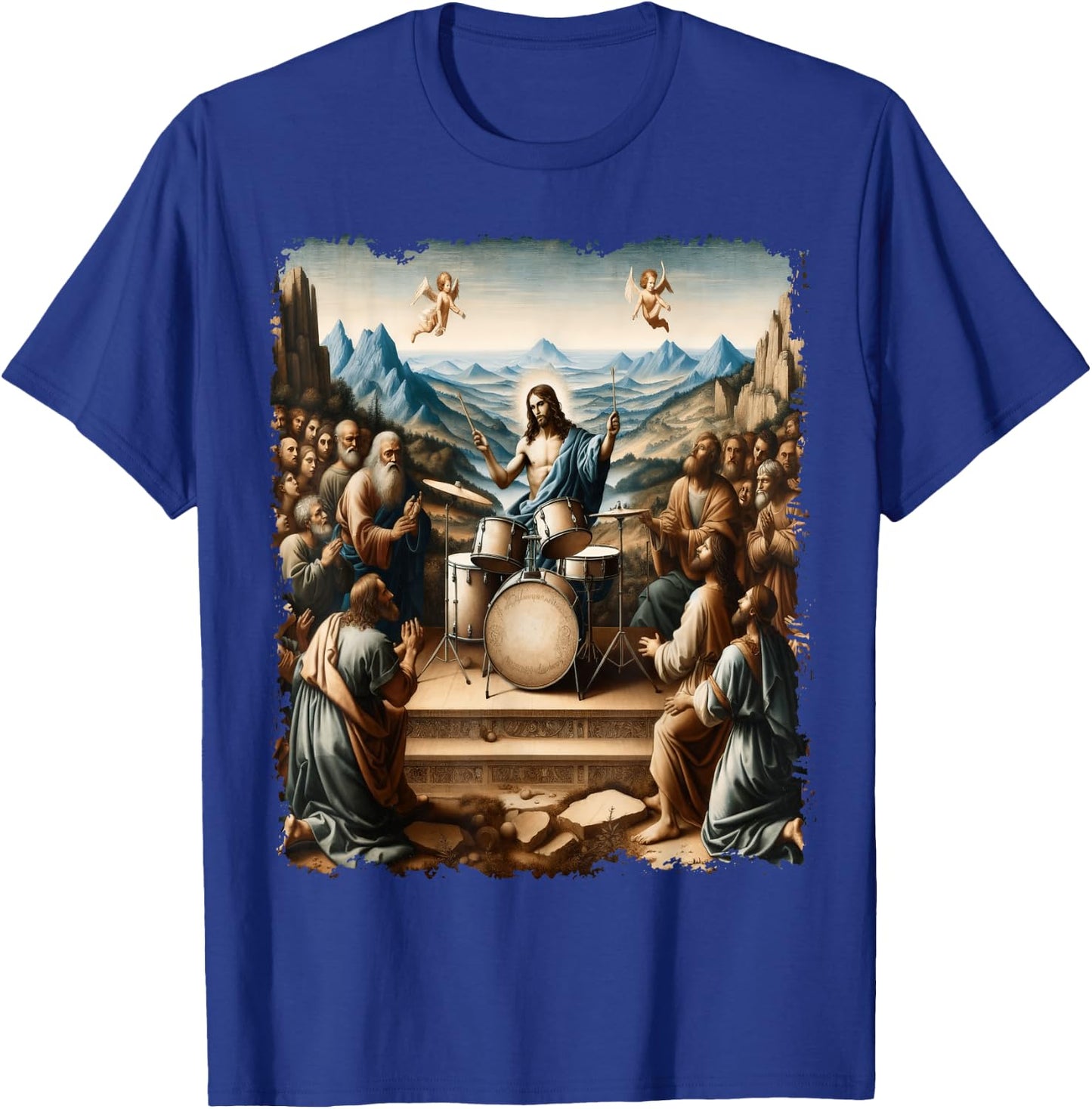 Jesus Playing Drums, Funny Christian Drummer Painting T-Shirt - T-Shirt | Royal