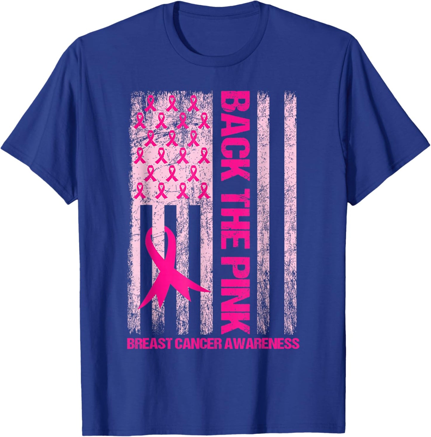 Back The Pink Ribbon American Flag Breast Cancer Awareness T-Shirt - T-Shirt | Royal