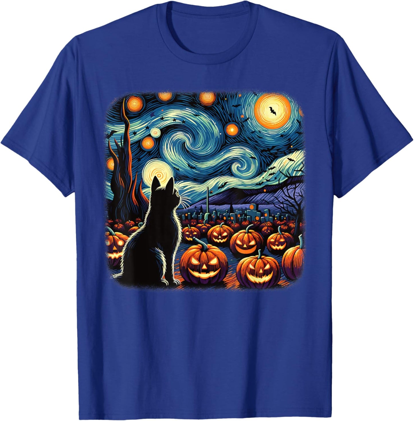 Halloween Black Cat Van Gogh Starry Night Pumpkins Bats Men Women Girls Kids T-Shirt - T-Shirt | Royal