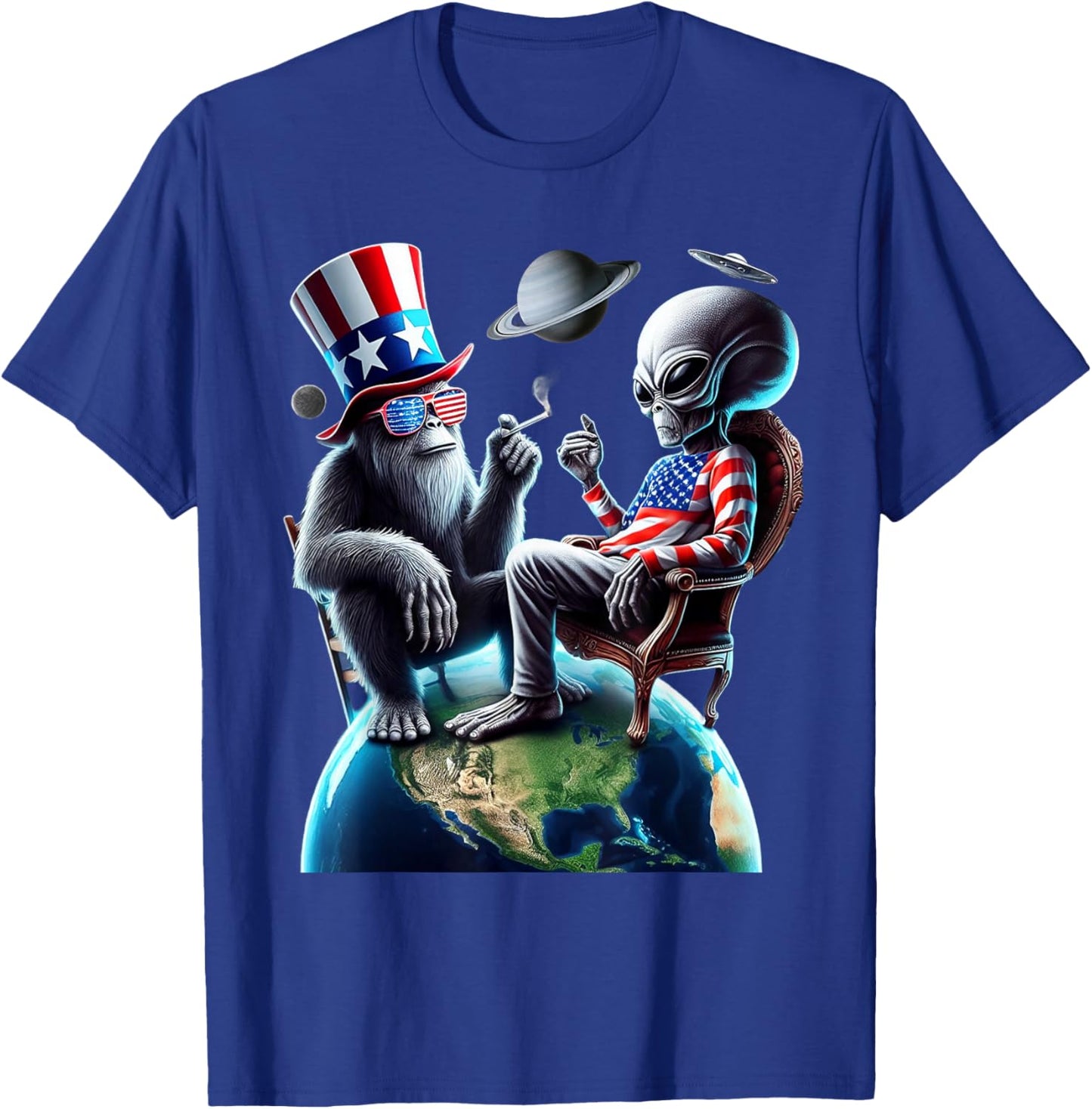 Patriotic Bigfoot Sasquatch Alien Space UFO 4th Of July T-Shirt - T-Shirt | Royal