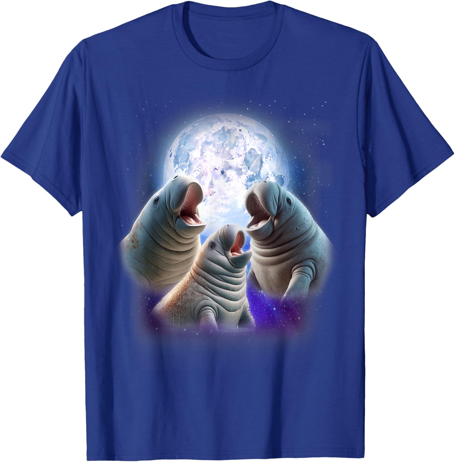 3 Manatees Howling At The Moon Funny Manatee Chubby Mermaid T-Shirt - T-Shirt | Royal