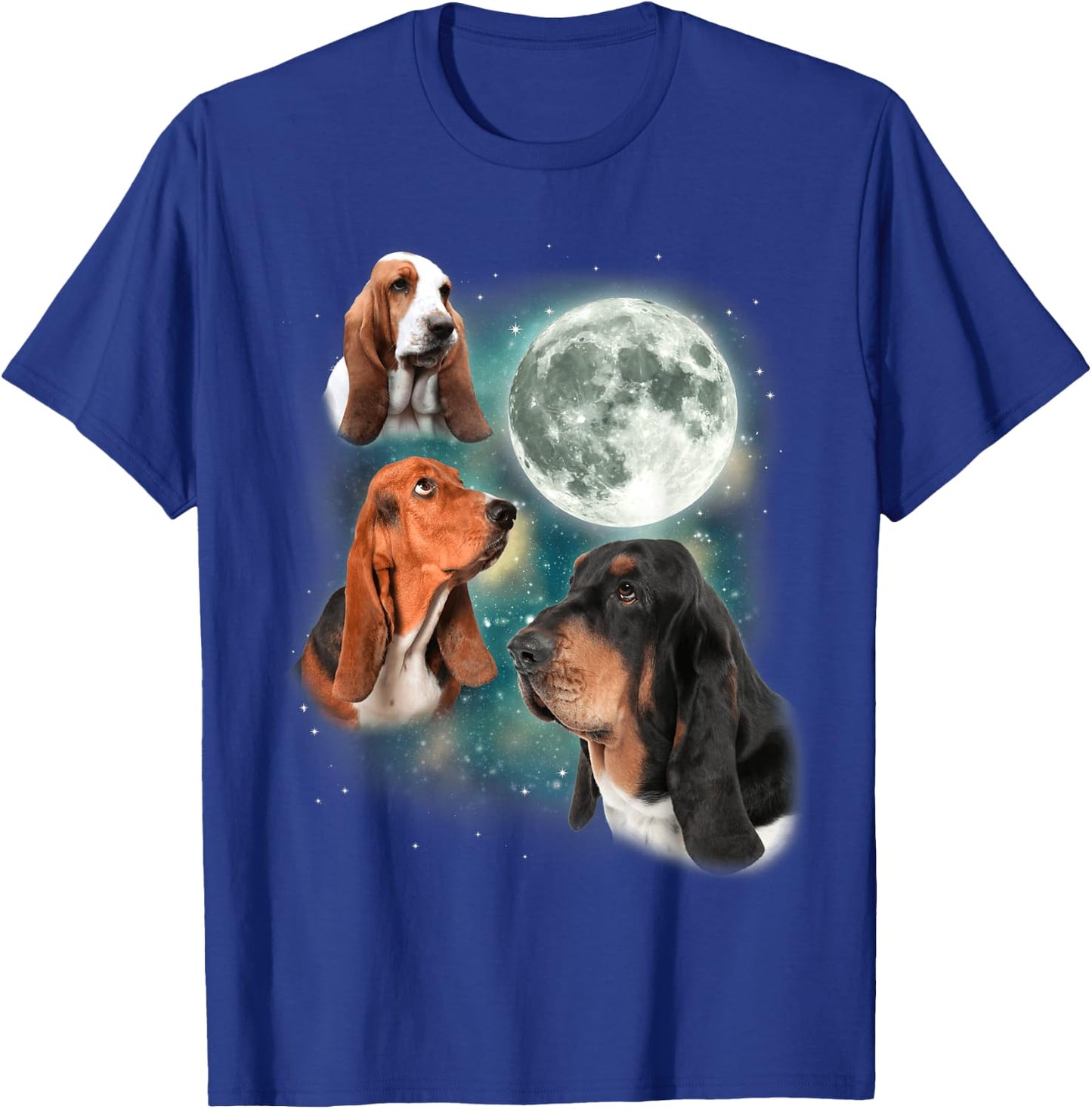 Basset Hound Moon | 3 Funny Canines Howl At Moon Cute Dog T-Shirt - T-Shirt | Royal