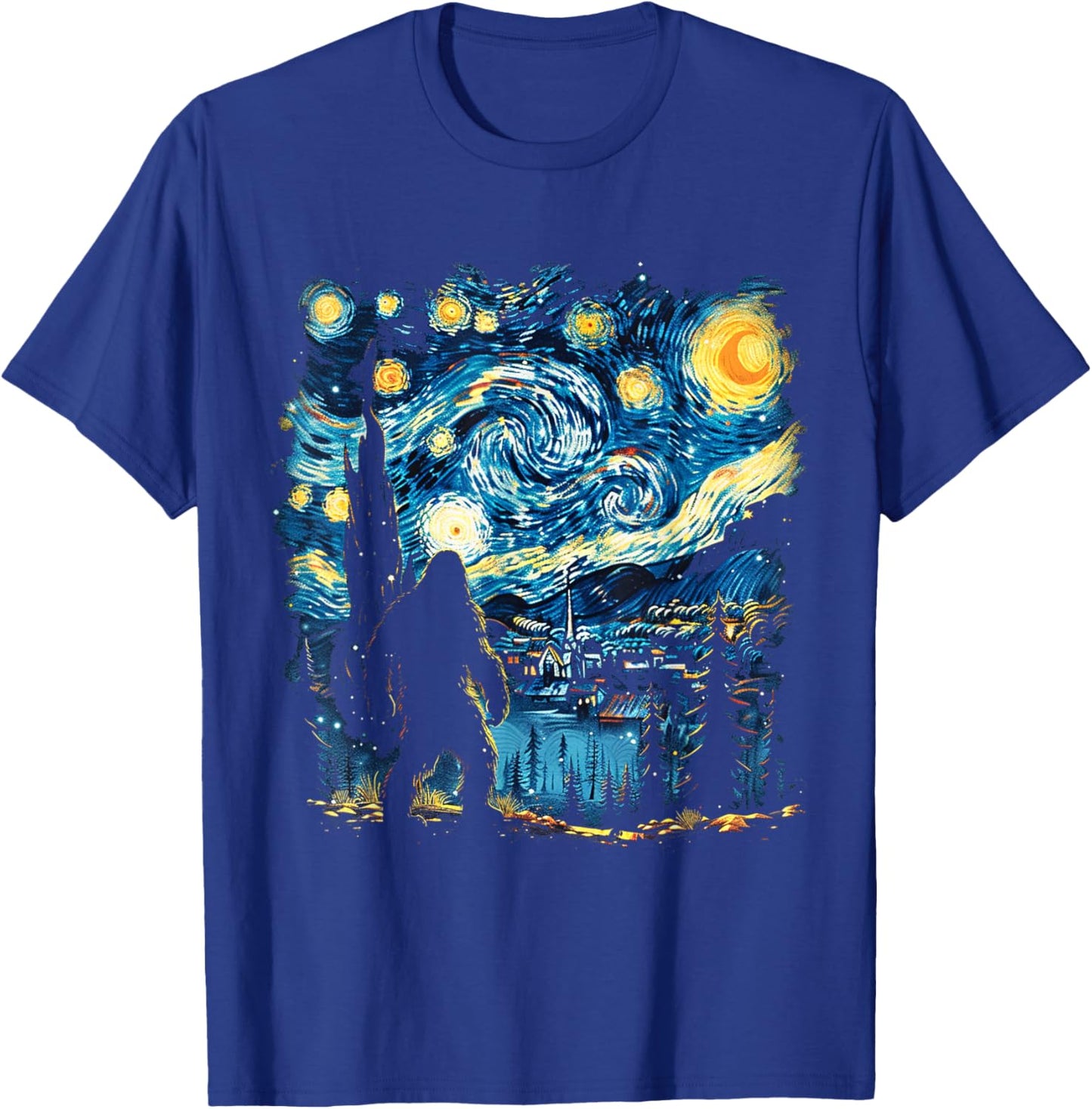 Funny Bigfoot Starry Night Sasquatch Van Gogh Sky Painting T-Shirt - T-Shirt | Royal
