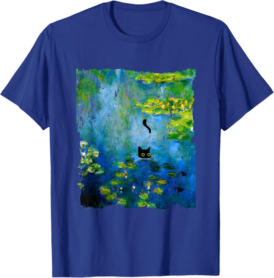 Black Cat Monets Waterlily Painting Art Cat Lover T-Shirt - T-Shirt | Royal