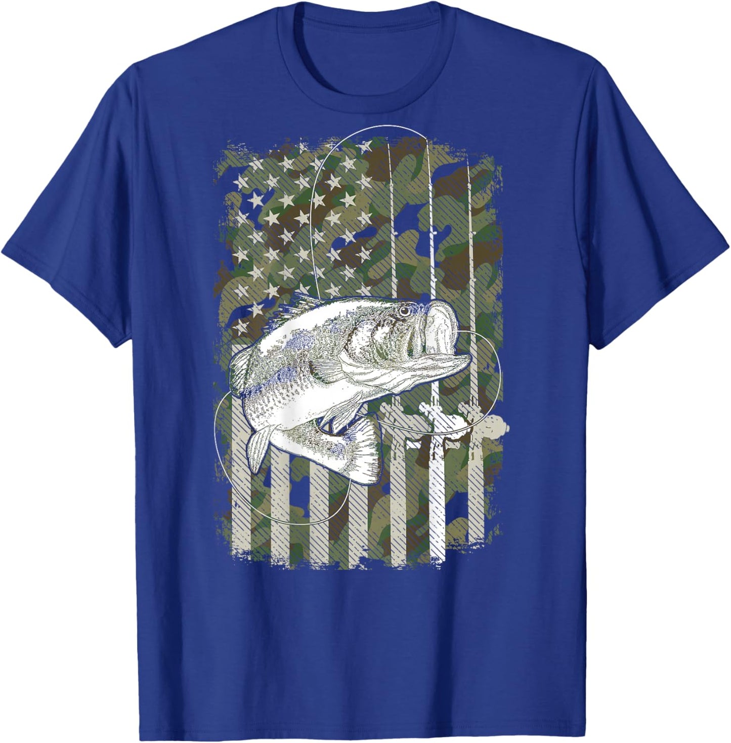 American Flag Camo Bass Fish Fishing (On Back) For Fisherman T-Shirt - T-Shirt | Royal