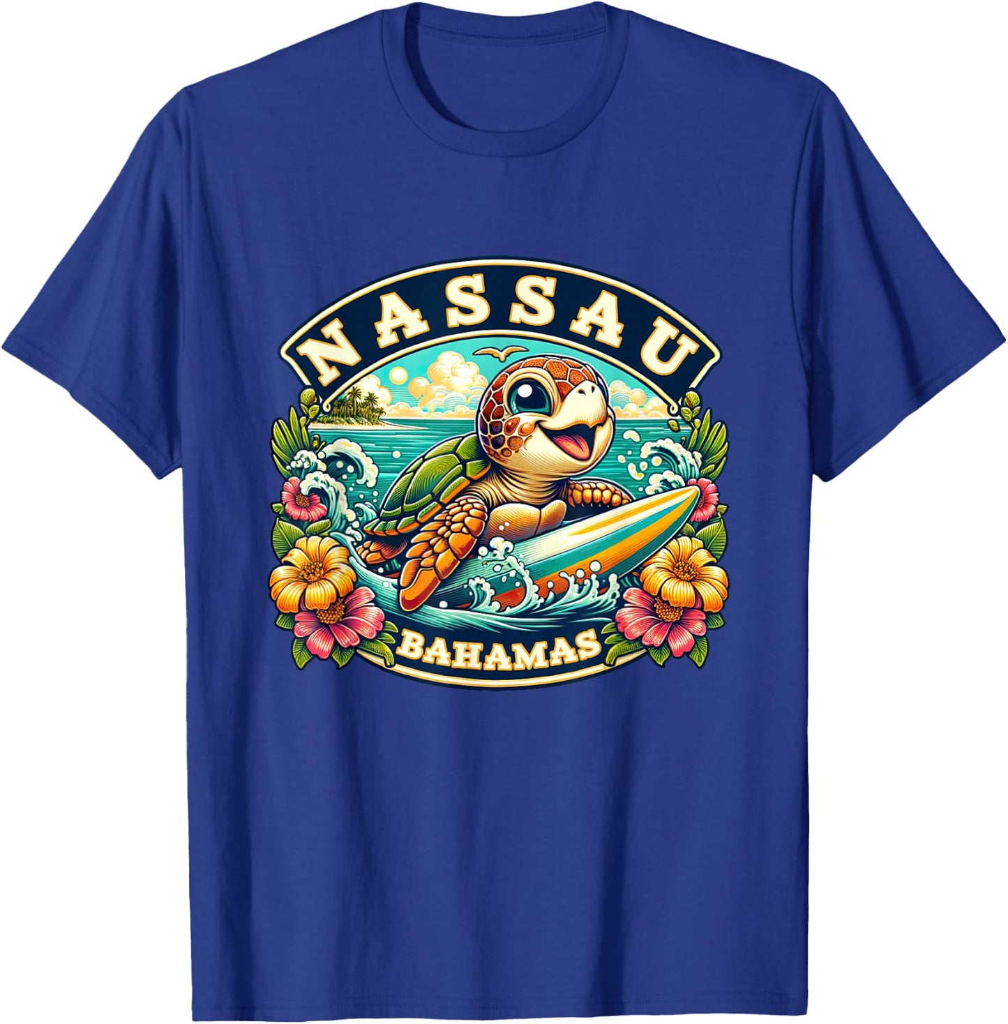 Nassau Bahamas Cute Sea Turtle Surfing T-Shirt - T-Shirt | Royal