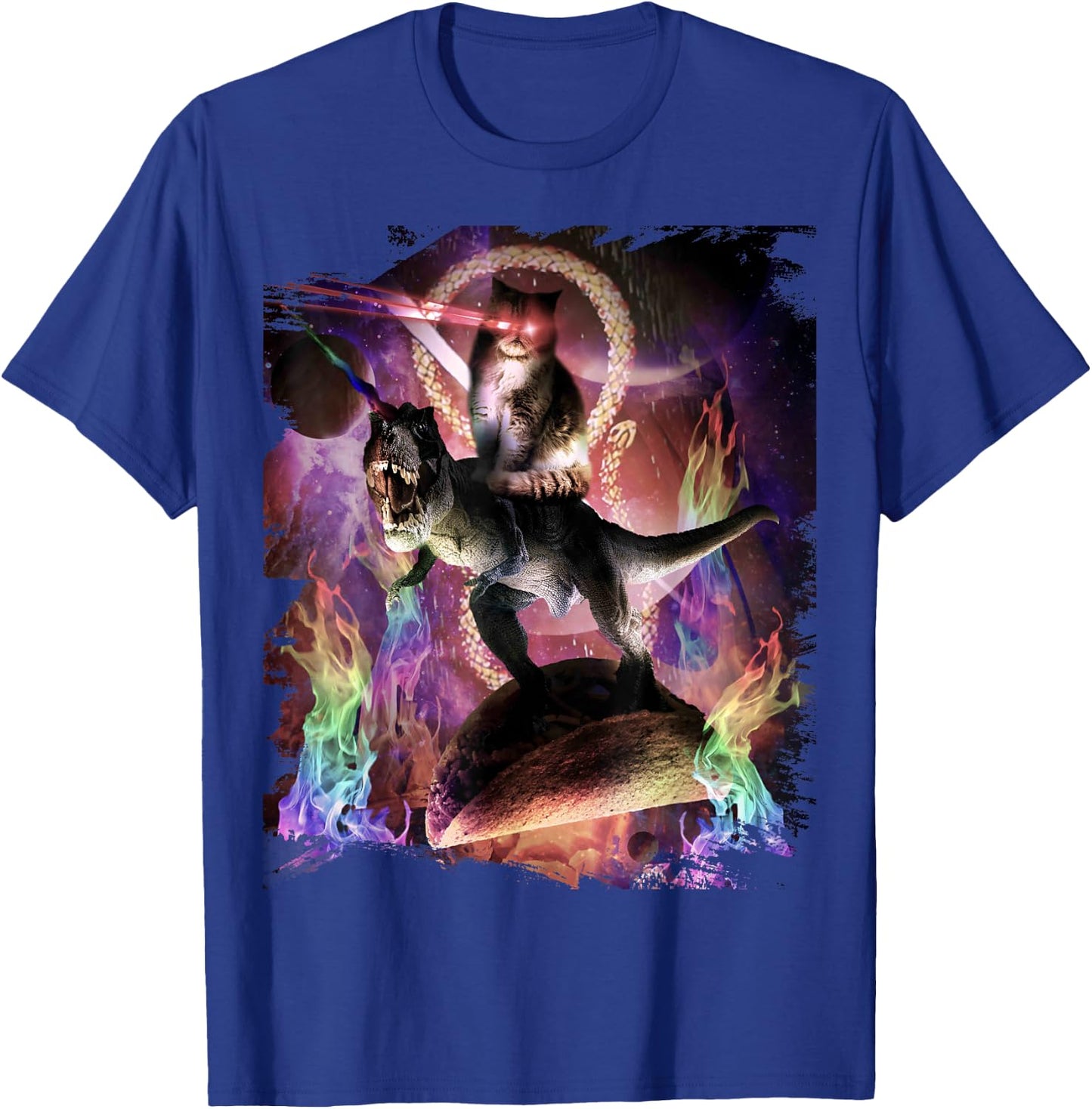 Evil Space Laser Cat On Dinosaur Unicorn On Taco T-Shirt - T-Shirt | Royal