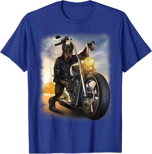Doberman Dog Biker Riding Motorcycle at Sunset T-Shirt - T-Shirt | Royal