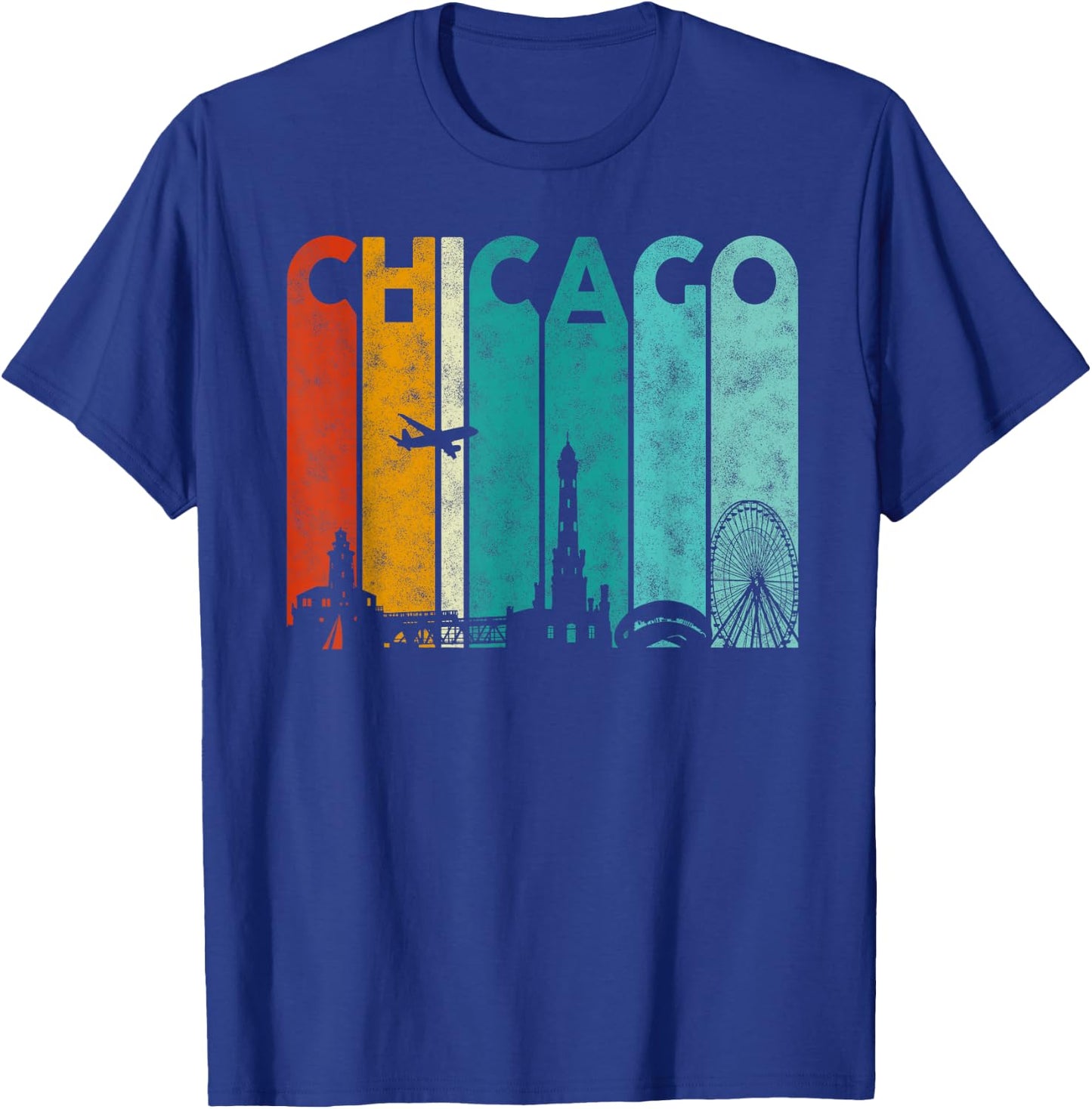 Vintage Retro Style Chicago city Skyline Airplane Chicago T-Shirt - T-Shirt | Royal