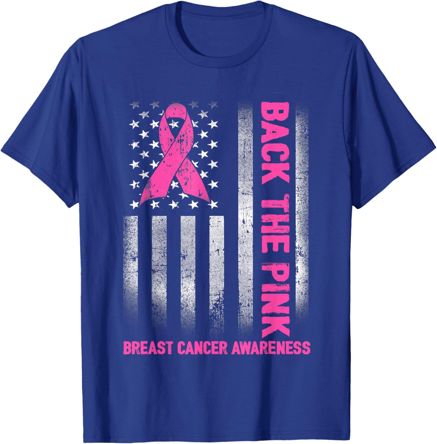 Back The Pink Ribbon American Flag Breast Cancer Awareness T-Shirt - T-Shirt | Royal