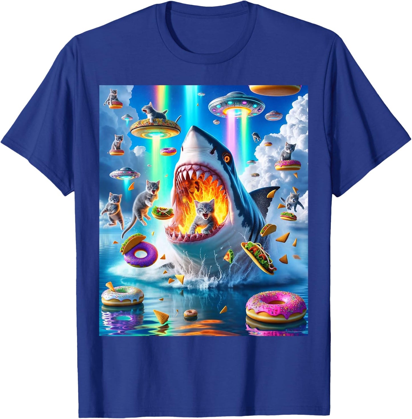 Cat Kitty Riding Fire Breathing Shark Rainbow Laser Taco Women T-Shirt - T-Shirt | Royal