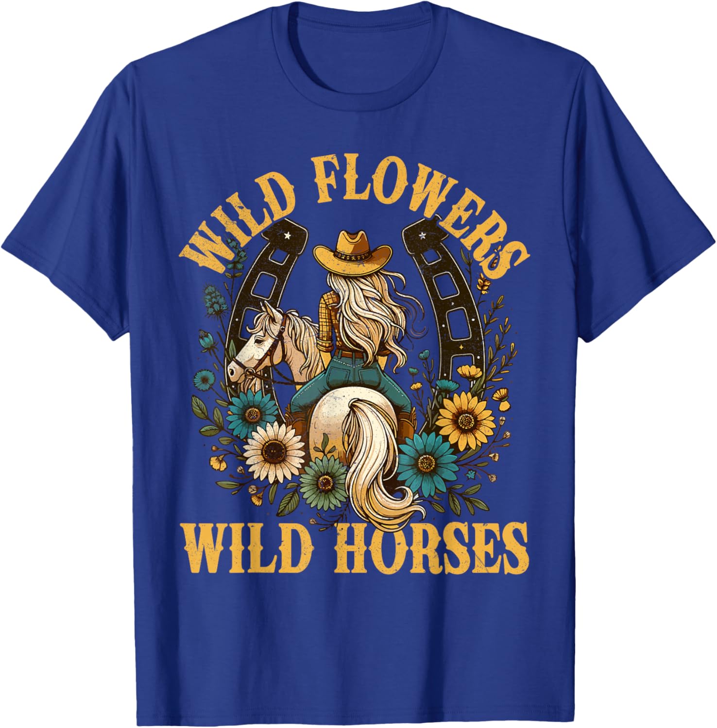 Retro Southern Sunset Cowgirl Wild Flowers - Wild Horses T-Shirt - T-Shirt | Royal