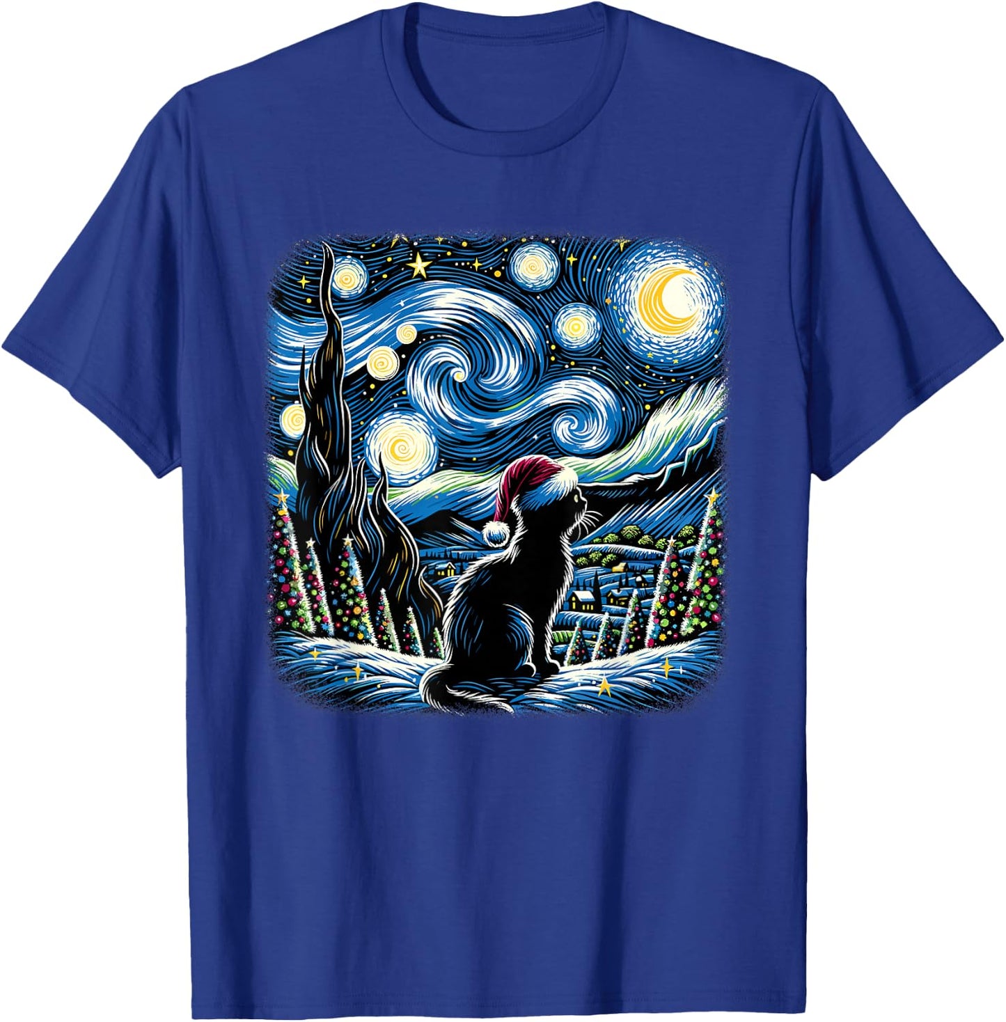 Van Gogh Starry Night Festive Christmas Black Cat Santa Hat T-Shirt - T-Shirt | Royal